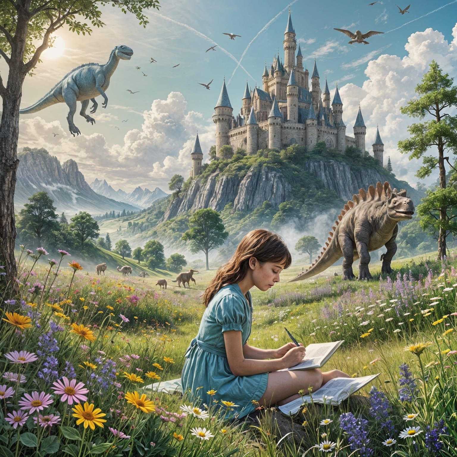 Girl Sketches Shifting Reality in Wildflower Field