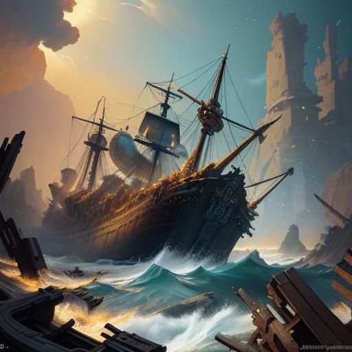 Shipwreck Art Nouveau Style Digital Illustration