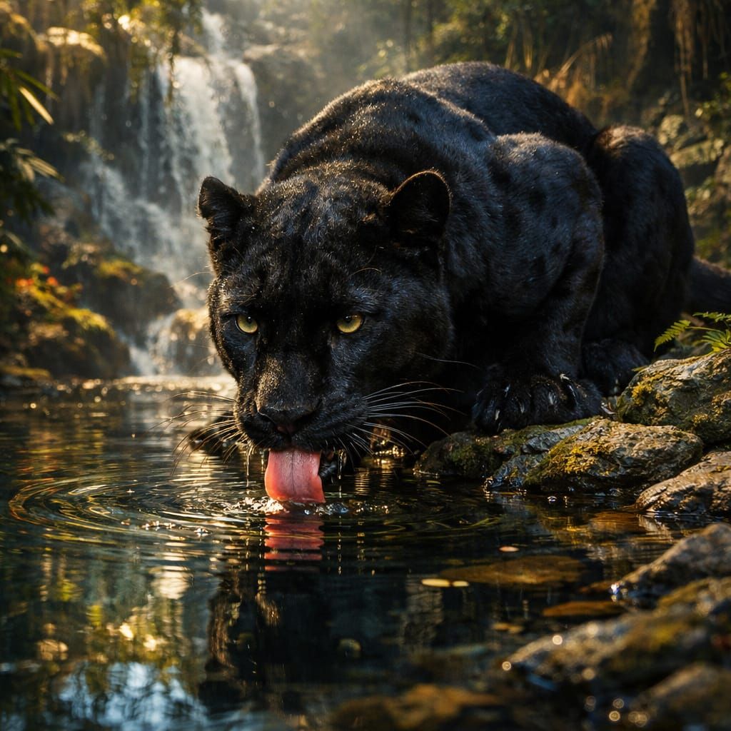 Hyper-Realistic Black Panther Drinks Water in Vibrant Jungle
