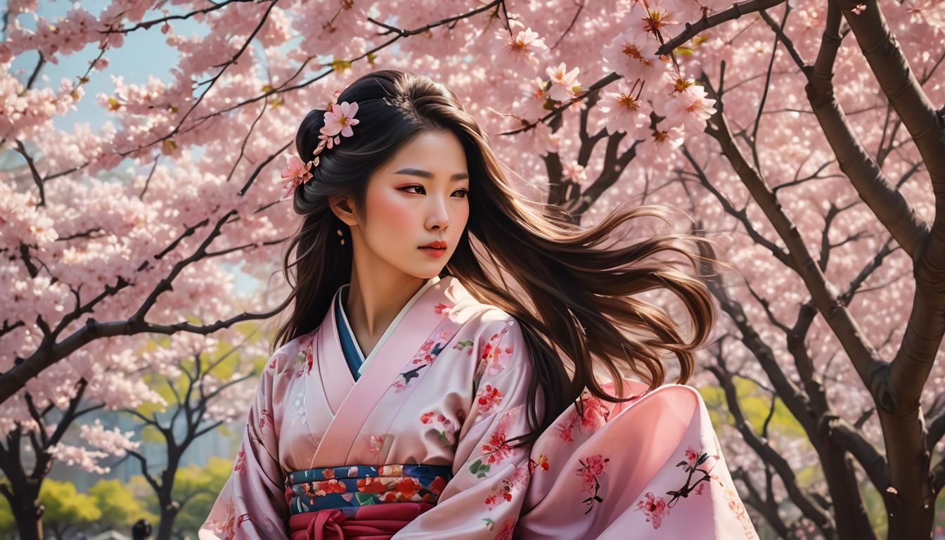 Asian Woman Under Sakura Tree in Digital Painting