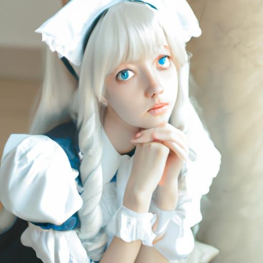 Girl with White Hair in Blue Maid Outfit
