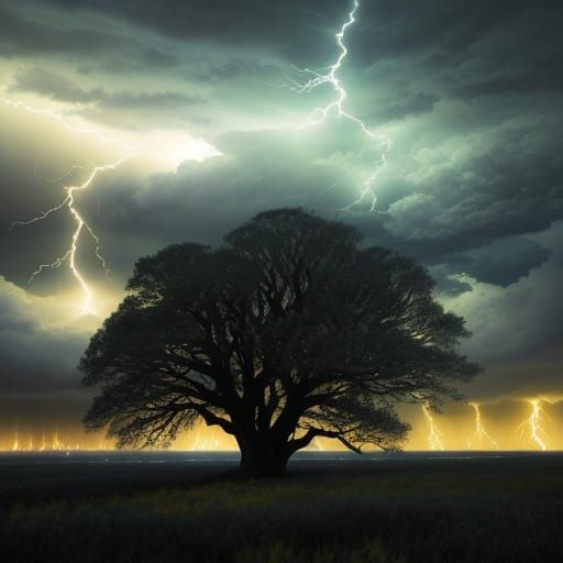 Dramatic Stormy Landscape with Lightning in Oil Painting Sty...