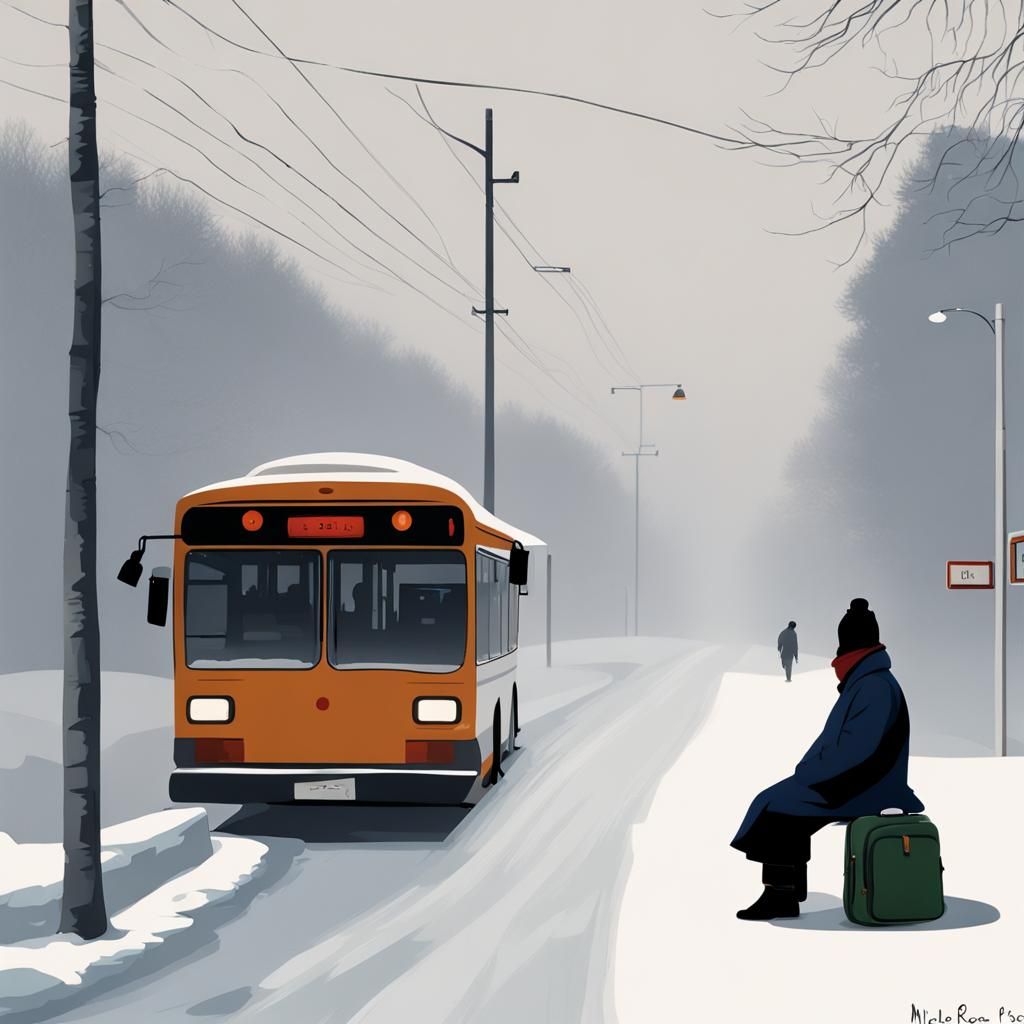 Zen Winter Bus Stop: Classic French Illustration