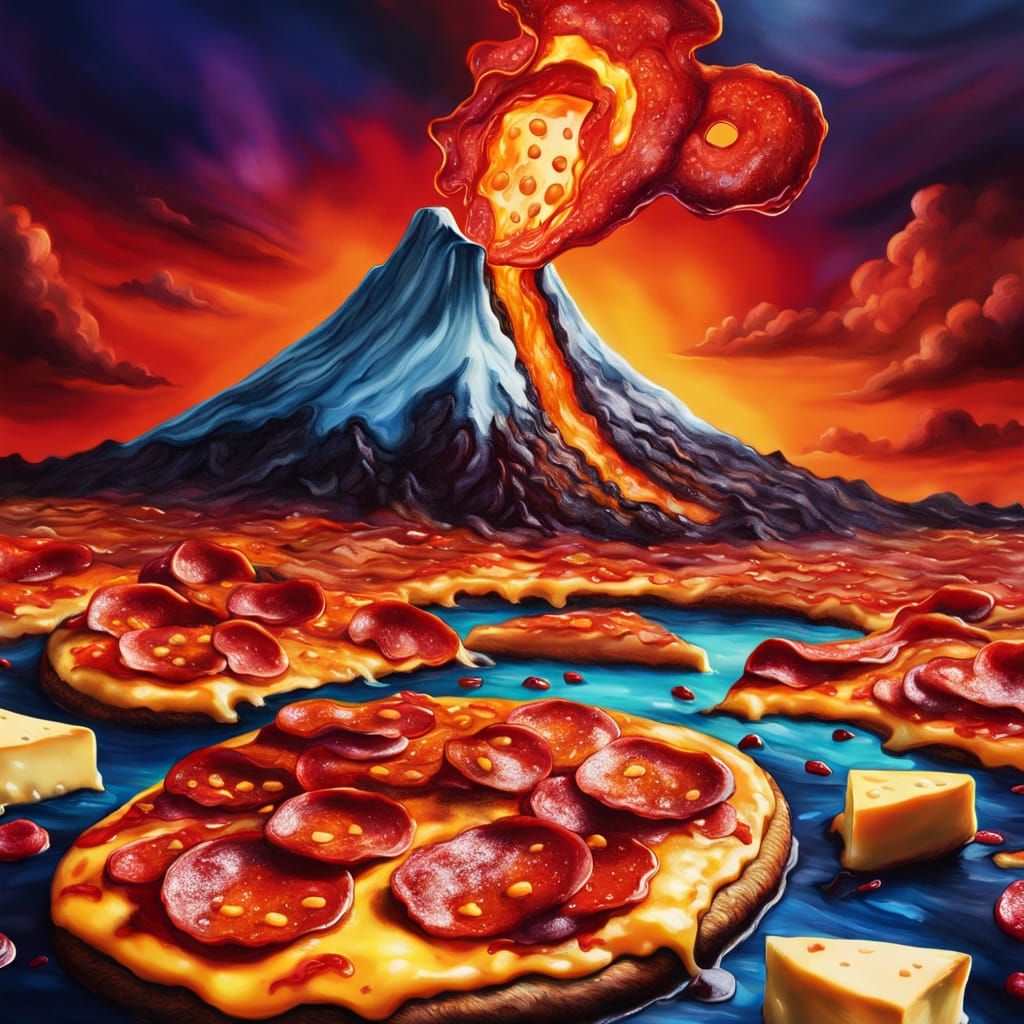 Pizza Volcano Eruption in Alcohol Ink Style