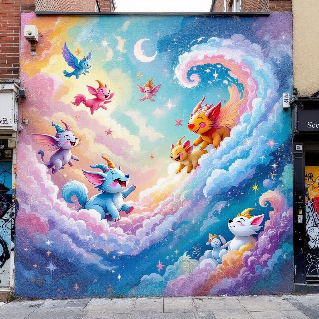 Fantasy Creatures Play in Pastel Street Art Dream