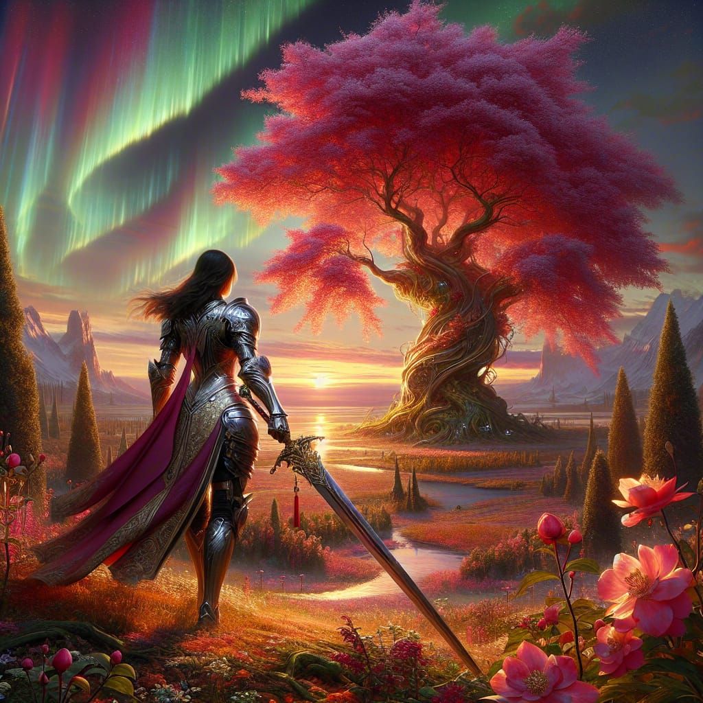 Asian Knight in Gilded Sunset Landscape