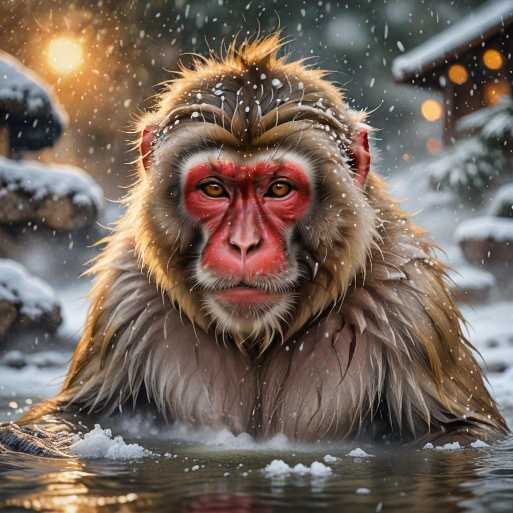 Japanese Macaque in Hot Springs: Impressionist Digital Paint...