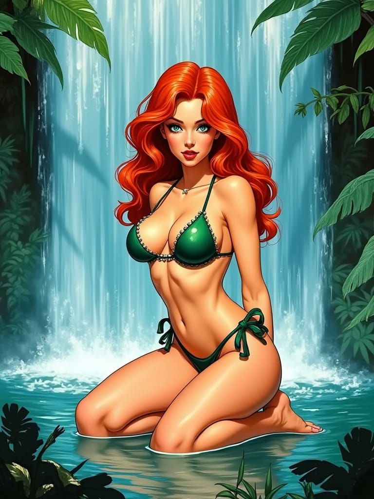 Redhead Under Waterfall in Pulp Fantasy Style