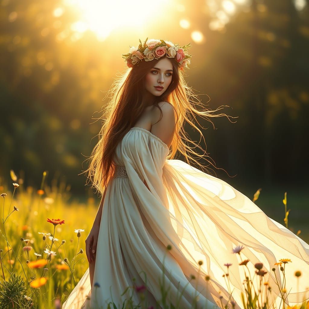 Woman in Floral Crown in Sun-Drenched Meadow