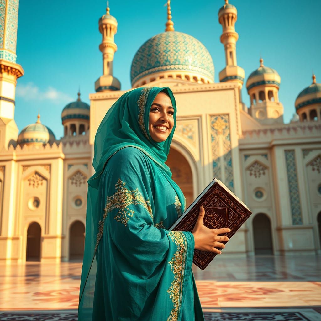 Woman in Turquoise Hijab Before Persian-Inspired Mosque