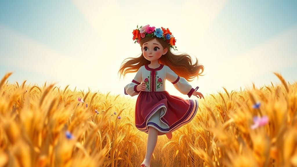 Vibrant Ukrainian Girl Runs Through Wheat Field in a Bright ...