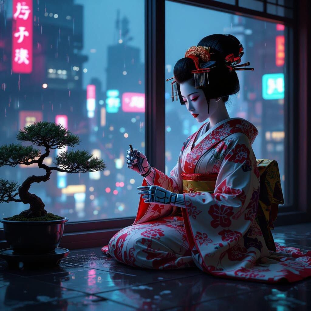 Cyberpunk Geisha Self-Repair in Neon Cityscape