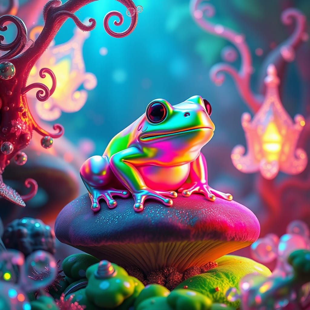 Iridescent Candy Frog on Emerald Mushroom in Matte Painting