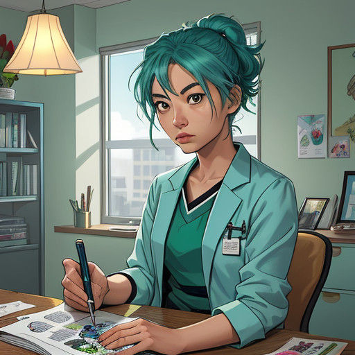 Asian Female Medical Doctor in Sea Green Haired