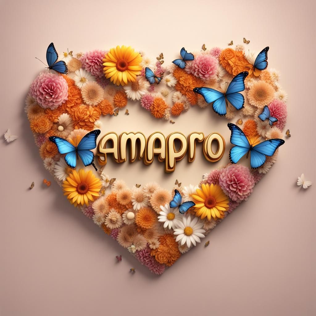 Floral Heart with Butterflies and Golden Name