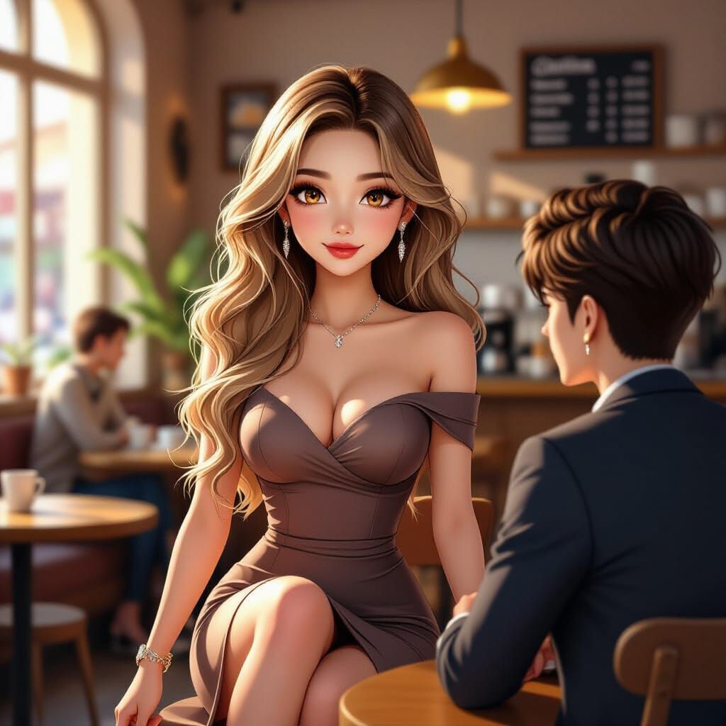 Beautiful Woman in Coffee Shop: Anime Style 3D Render