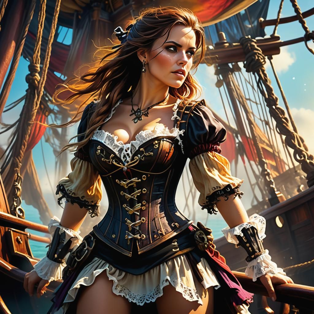 Female Pirate on Ship in Hyperrealistic Style