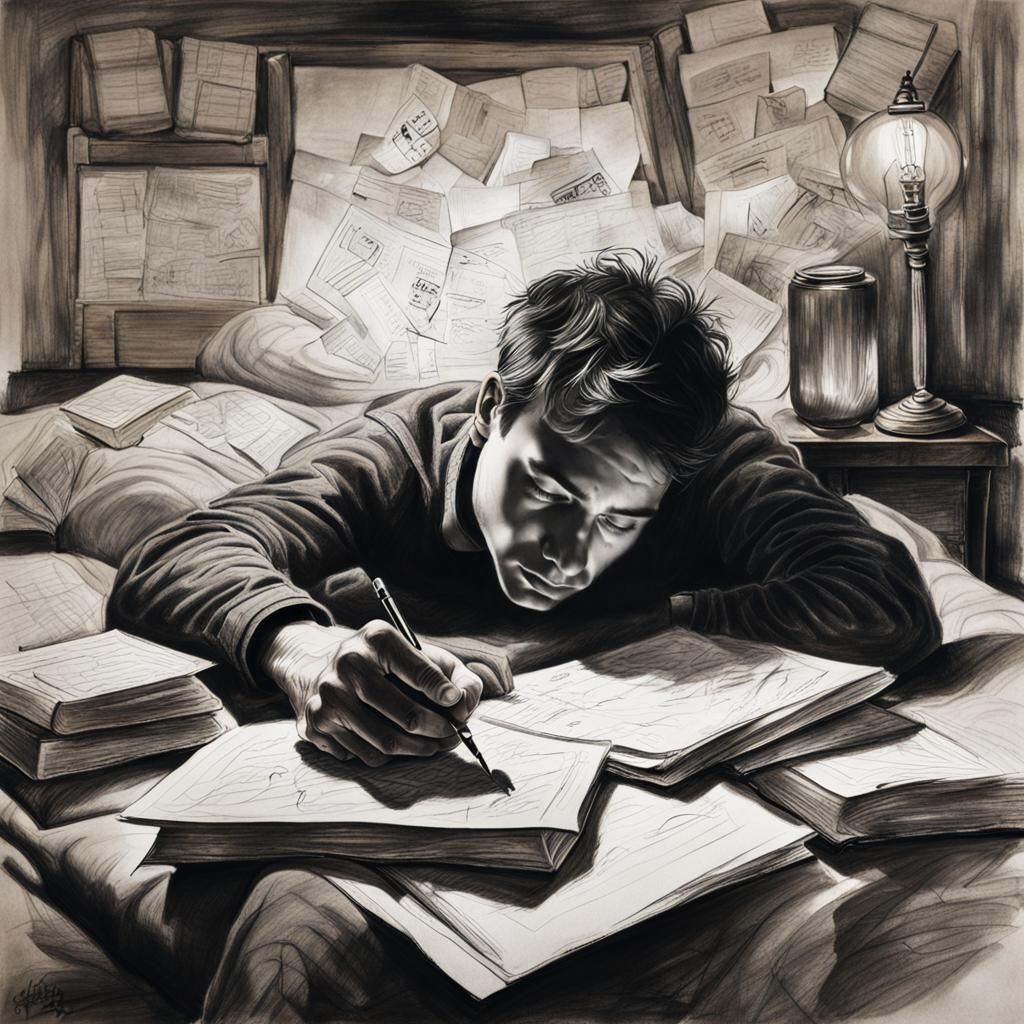 Hyperdetailed Charcoal Drawing of a Man Awake at Night