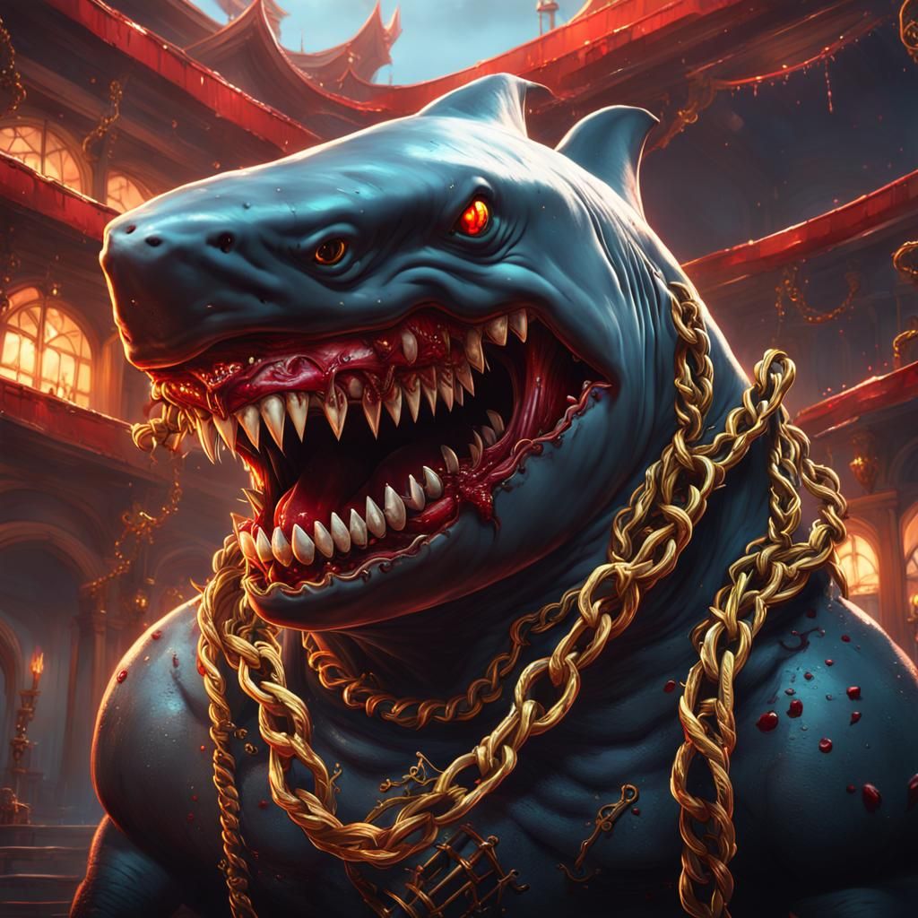 Anime King Shark with Gold Chains and Red Car