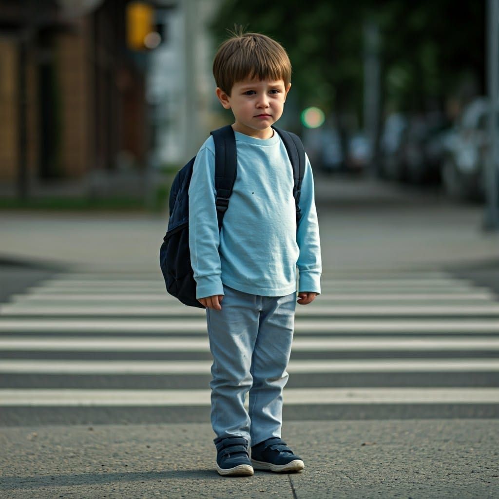 Vulnerable Boy Alone Near Crosswalk: Cinematic Film Still