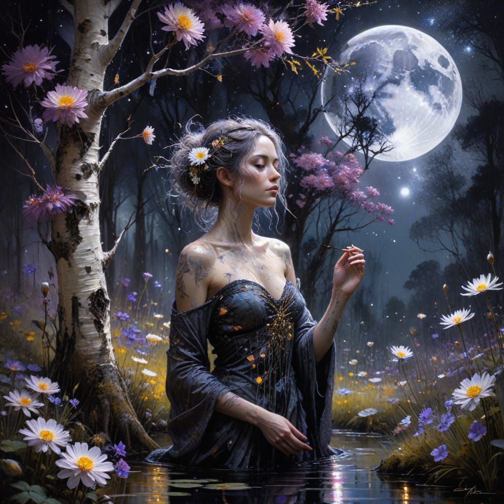 Surreal Birch Forest Under Glowing Cosmos