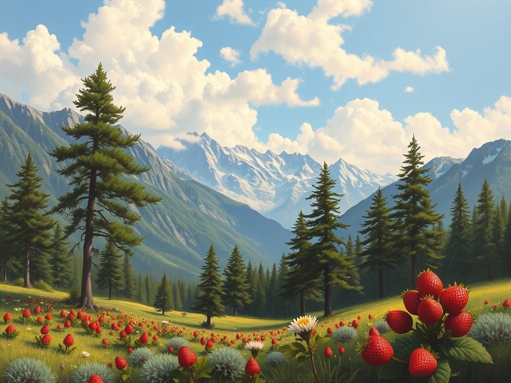 Alpine Valley Painting with Wild Strawberries