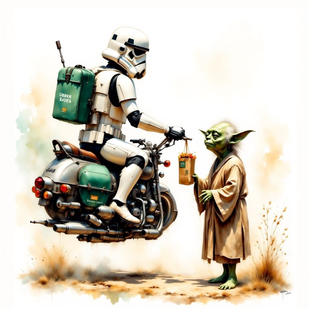Stormtrooper Uber Eats Delivery to Yoda