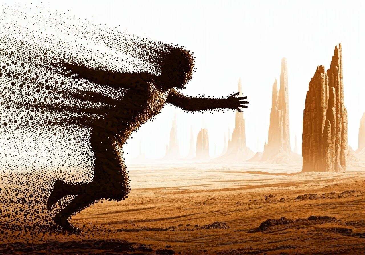 Pointillist Human Disintegration in Desert Landscape