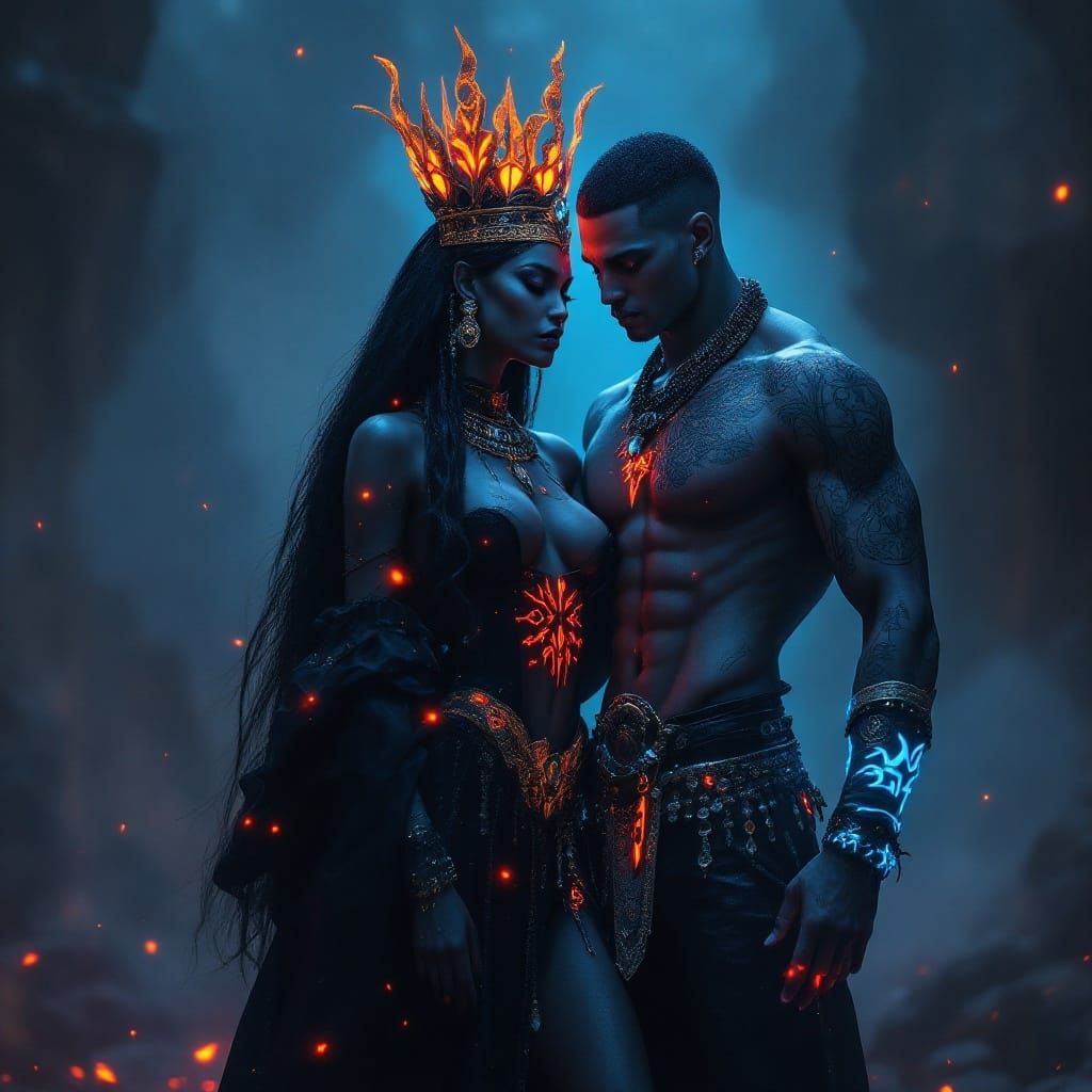 Goth Vampire Queen and Her Tall, Shirtless Companion in a Da...