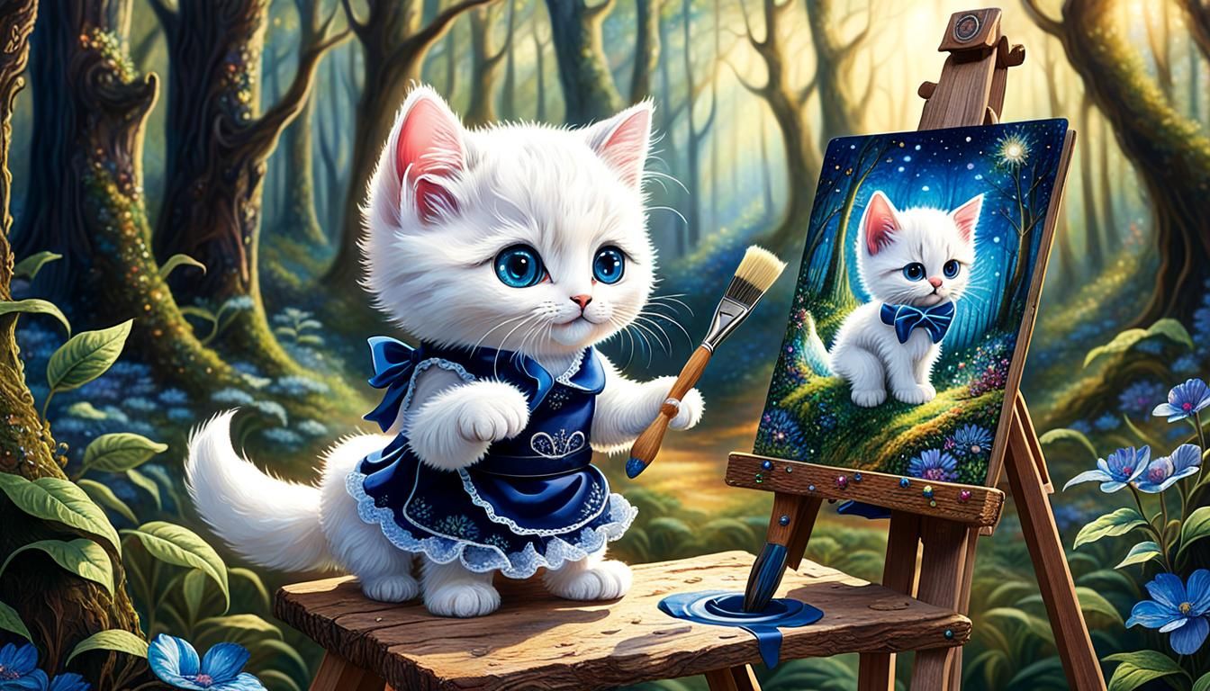 Kitten Artist in Enchanted Forest, Whimsical Illustration