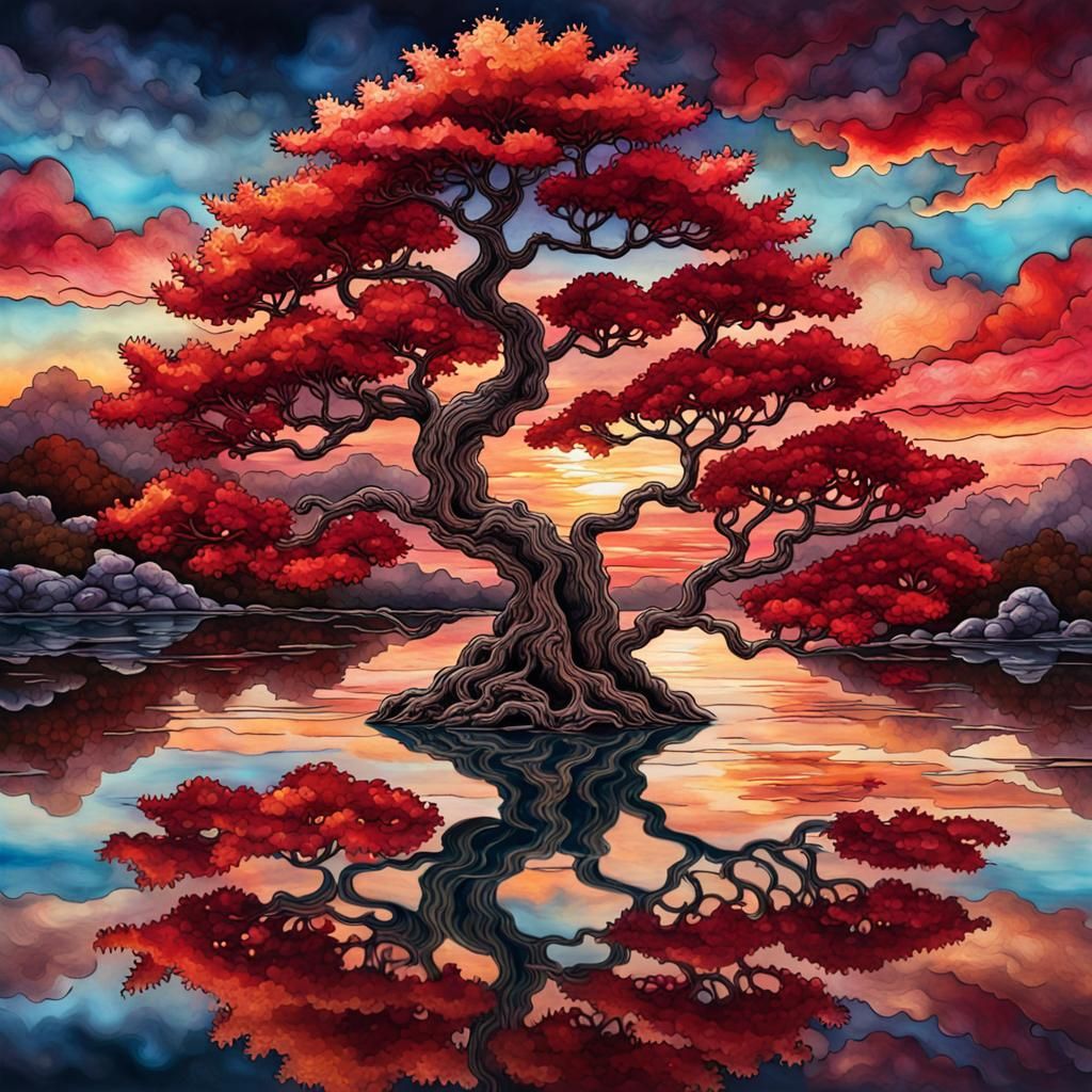 Alcohol ink painting of a Red Maple Bonsai Tree, a lake with reflections, viewed at sunset. Naturepunk style, deep rich ...