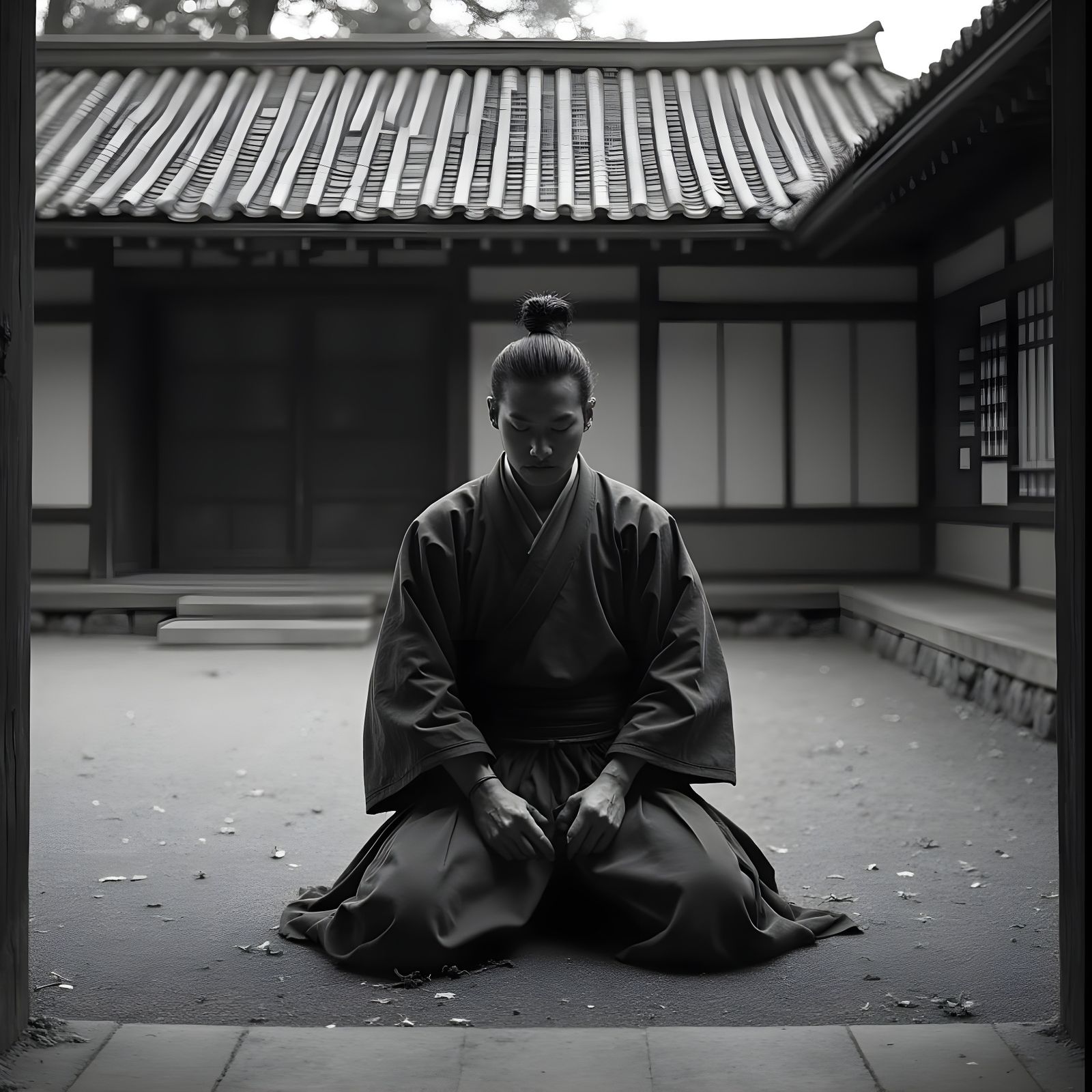 Monochrome Samurai Committing Seppuku in Zen Garden