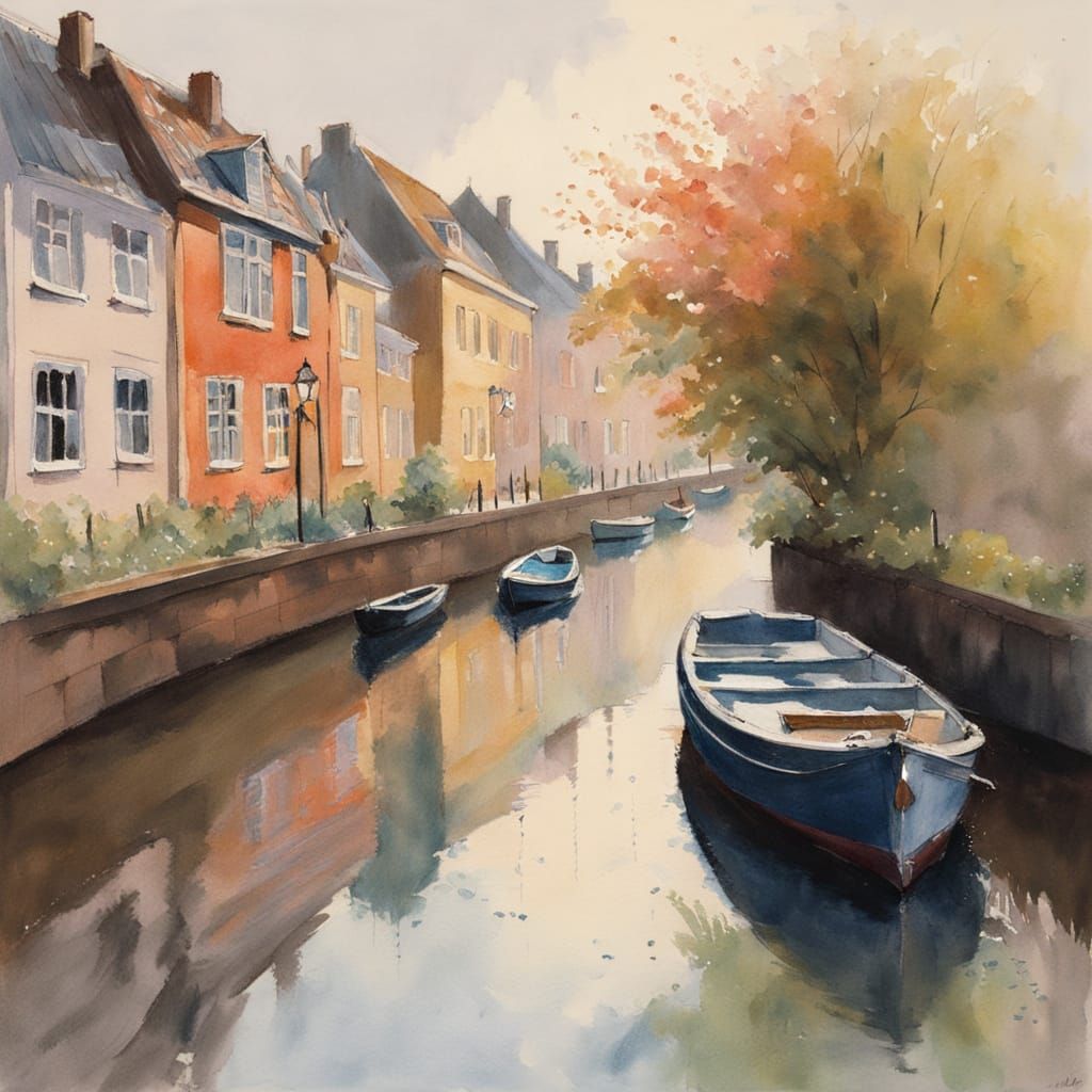 Houseboat in Copenhagen Canal: Impressionistic Watercolor