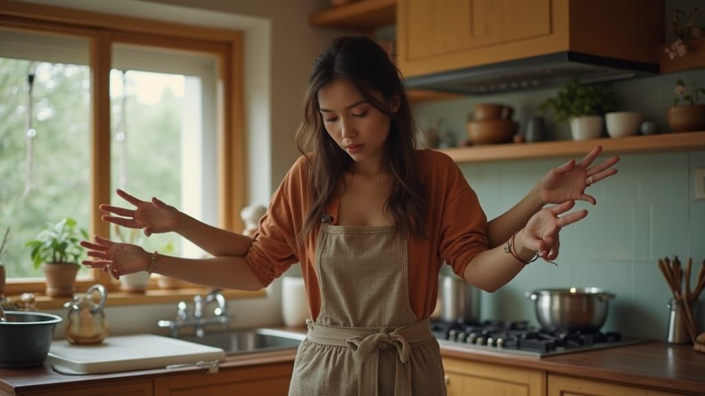 Four-Armed Woman Working in Kitchen: Cinematic Shot