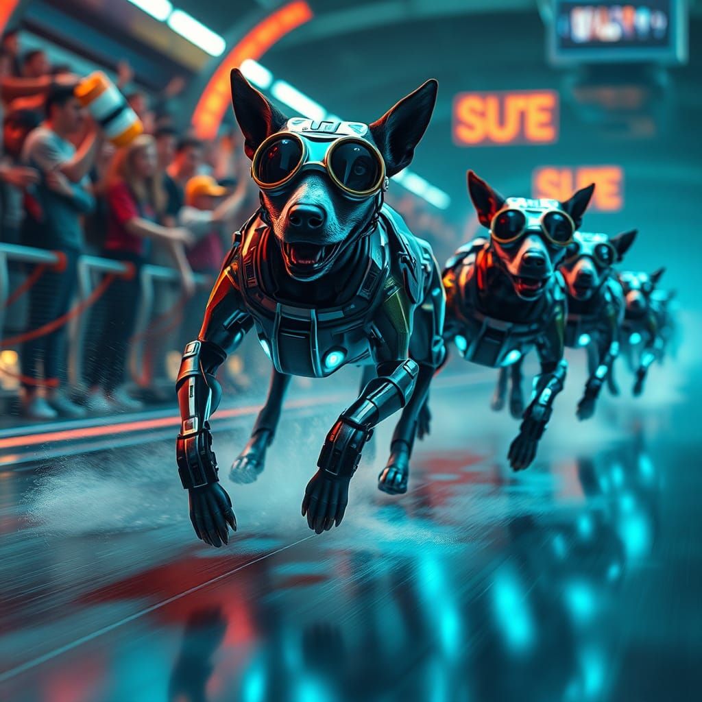 Cyborg Dogs Racing on Futuristic Neon Track