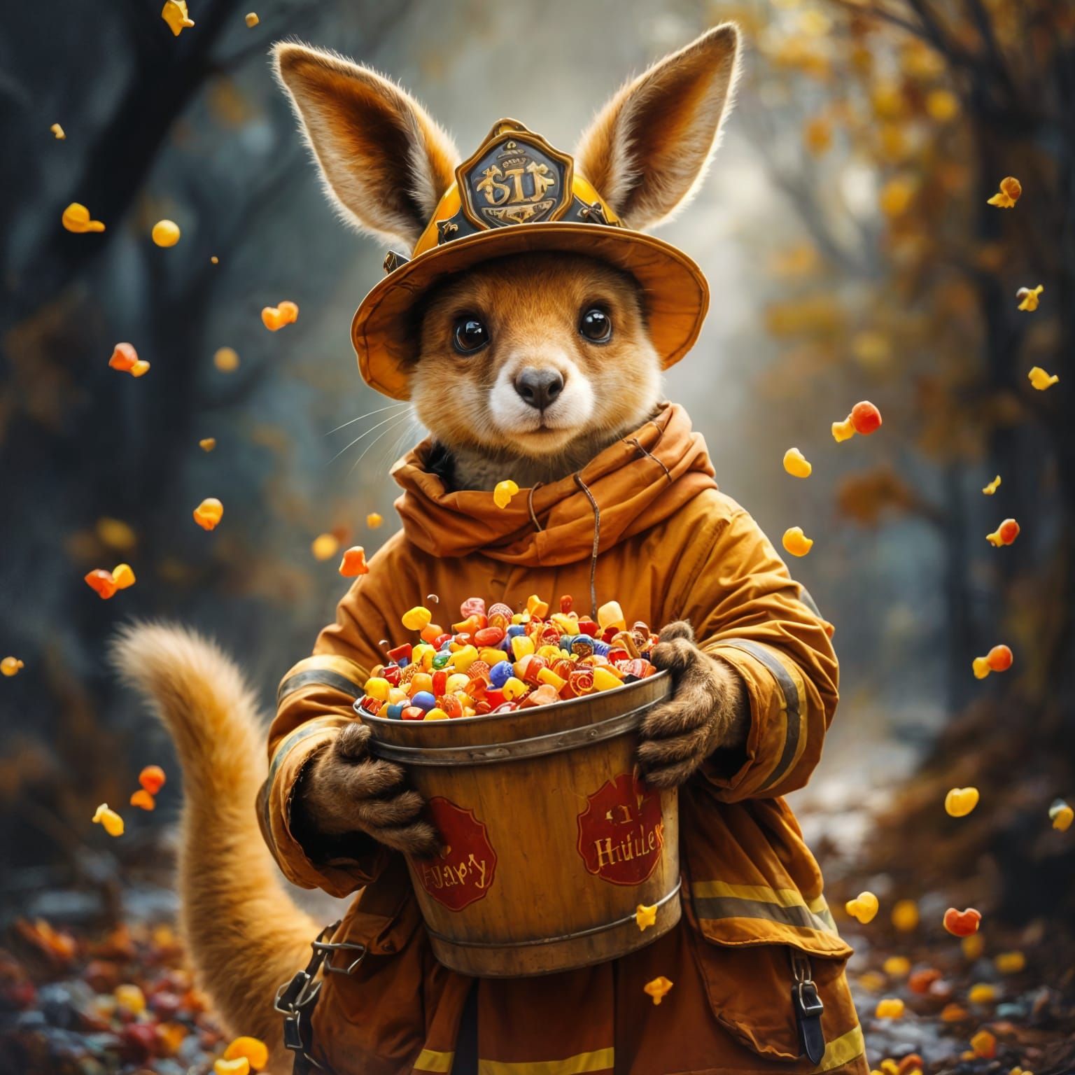 Kangaroo Firefighter Holding Candy Bucket