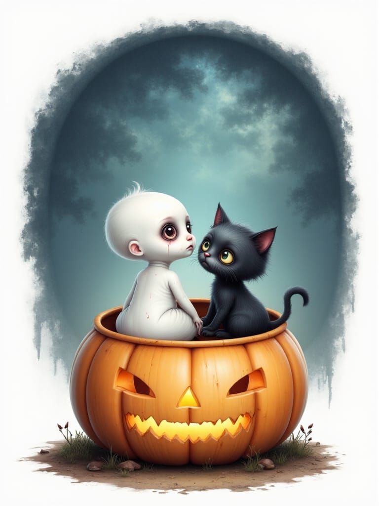 Cute Ghost and Kitten in Pumpkin, Watercolor Style