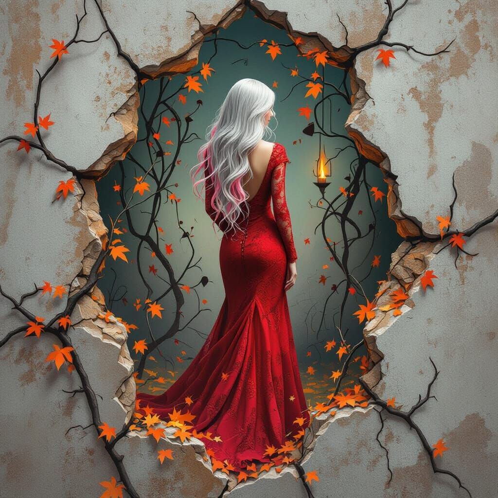 Woman in Red Gown Through Cracked Wall, Surreal Landscape