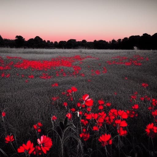 Glowing Red Flowers in Moonlit Monochrome Field