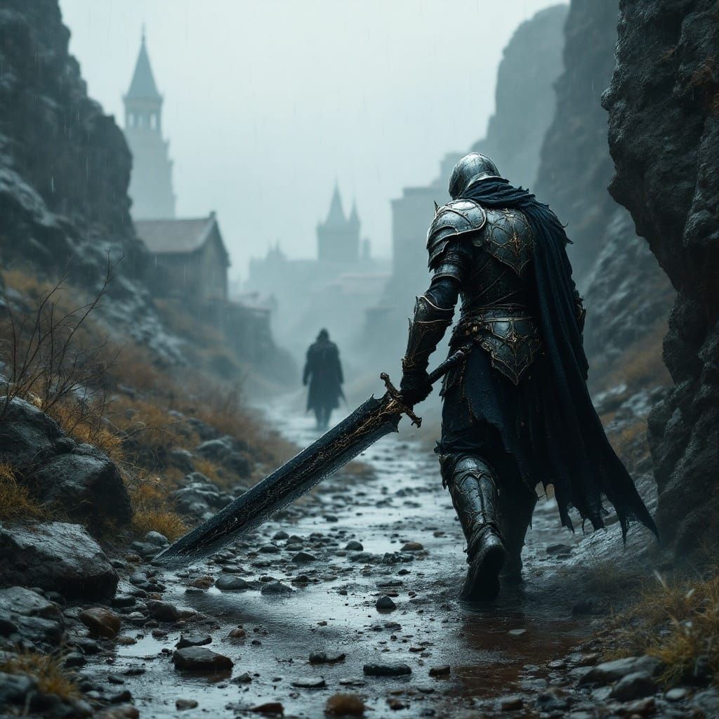 Rain-Soaked Paladin Approaches a Mysterious, Mist-Shrouded T...