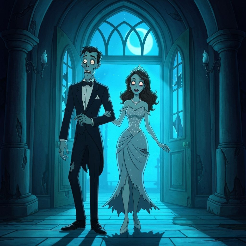 Zombie Couple Arrives at Eerie Prom in Disney Cartoon Style