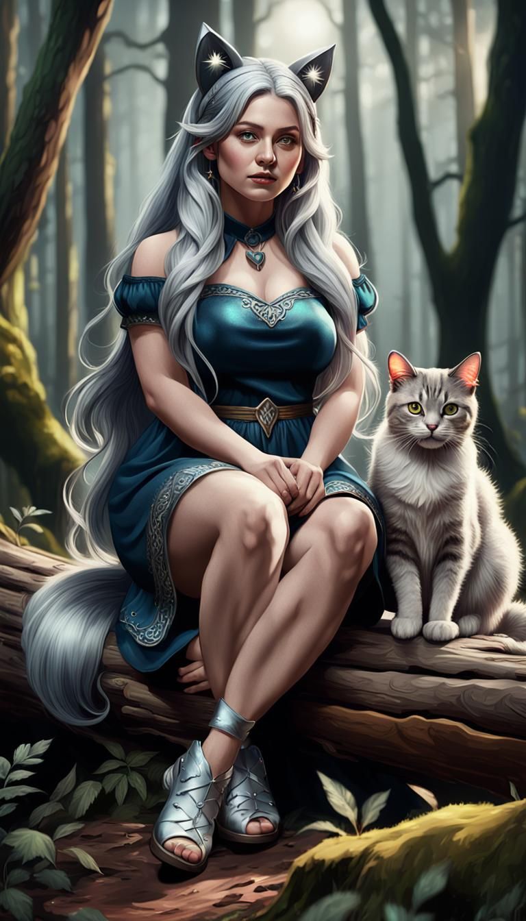 Cat-Eared Woman in Forest Amour: Detailed Digital Painting
