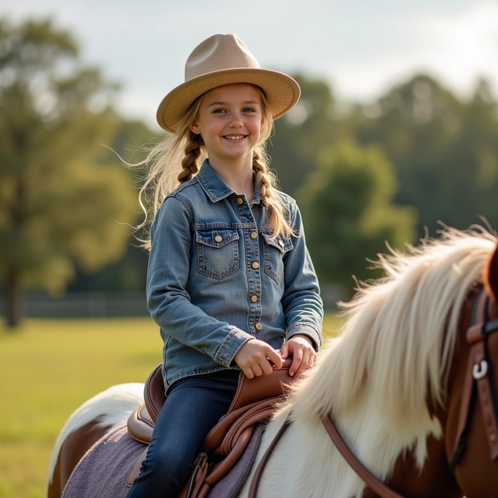 Young Girl Riding a Pony in a Peaceful Landscape