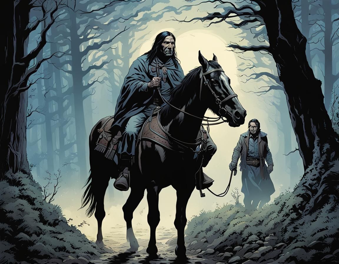 Vicar and Horse Stalked by Ghost in Foggy Woods