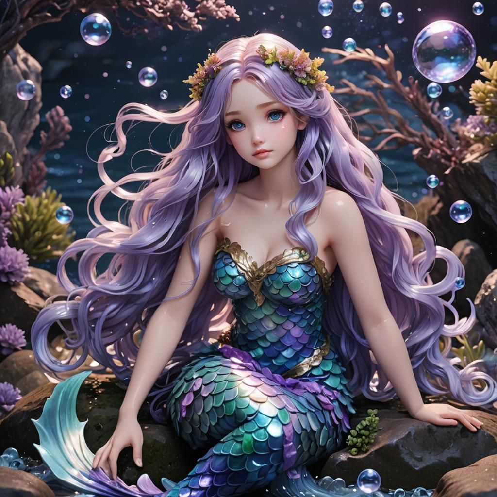 Anime Mermaid in Bioluminescent Ocean, 3D Render