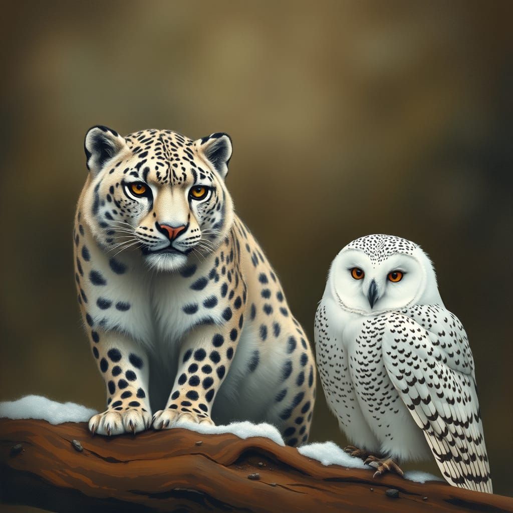 Snow Leopard and Snowy Owl in Winter Scene