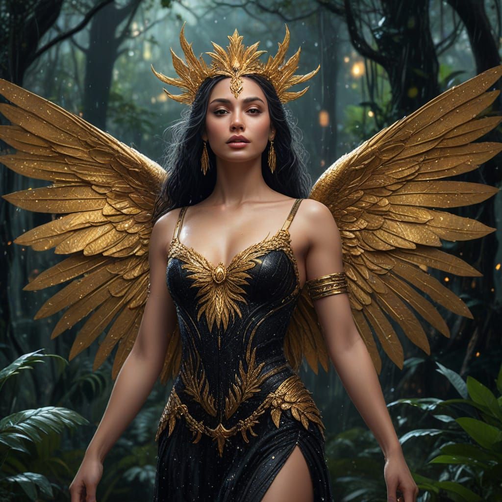 Nemesis Goddess in Rainforest: Hyper-Realistic Oil Painting