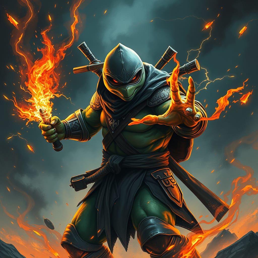 Stealthy Ninja Turtle Wields Rune Assassin Magic Amidst Pyro...