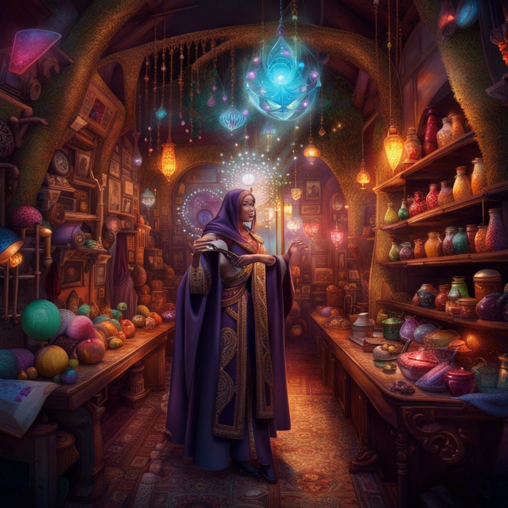 D&D Magic Shop with Wizard in Fantasy Art