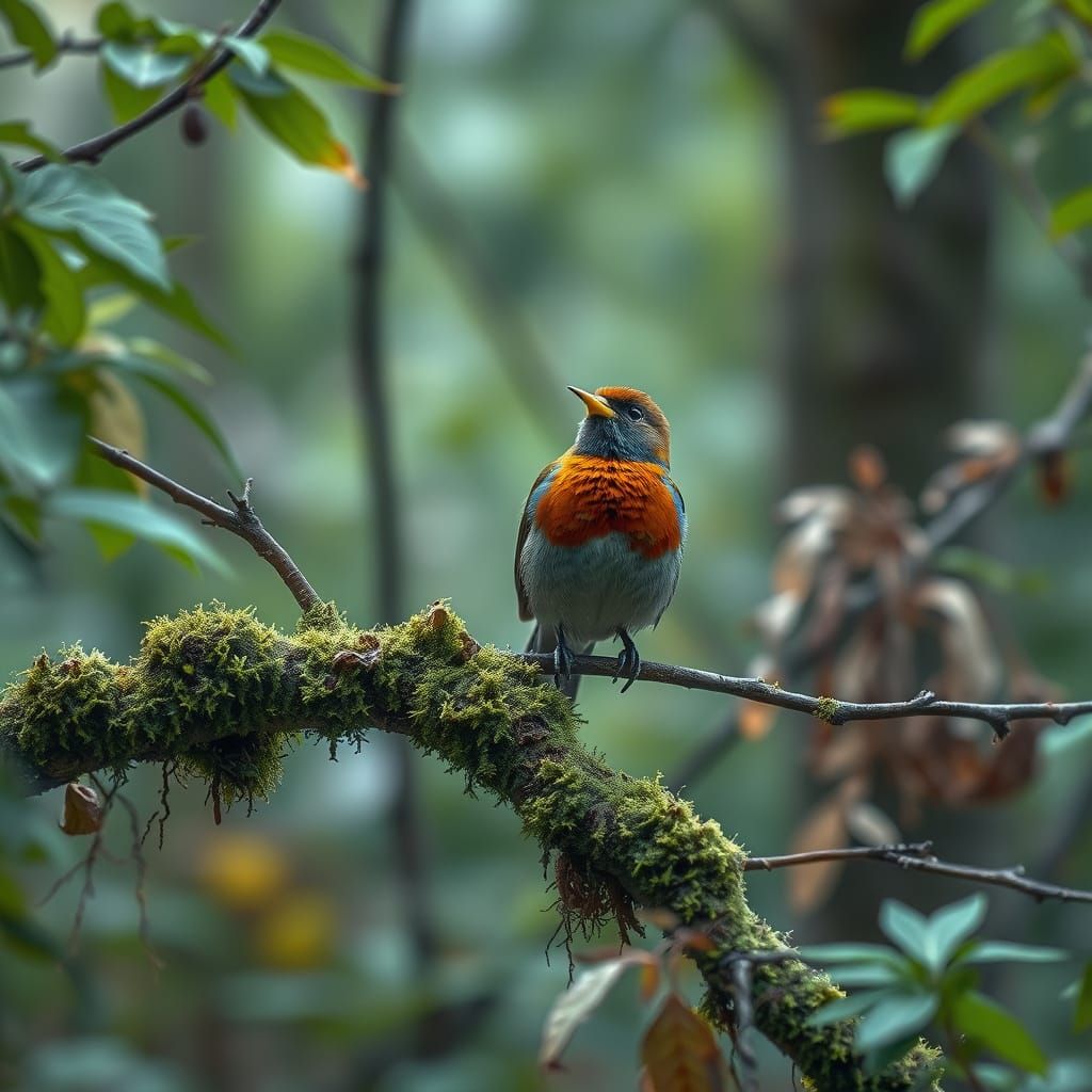 Hyperrealistic Songbird Serenade in Lush Forest